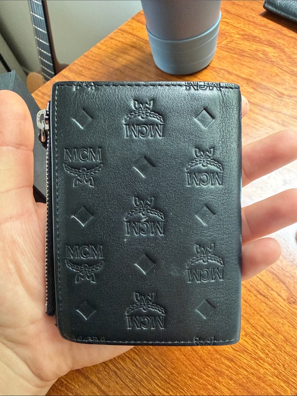 MCM Black Embossed Leather Zip Card Holder